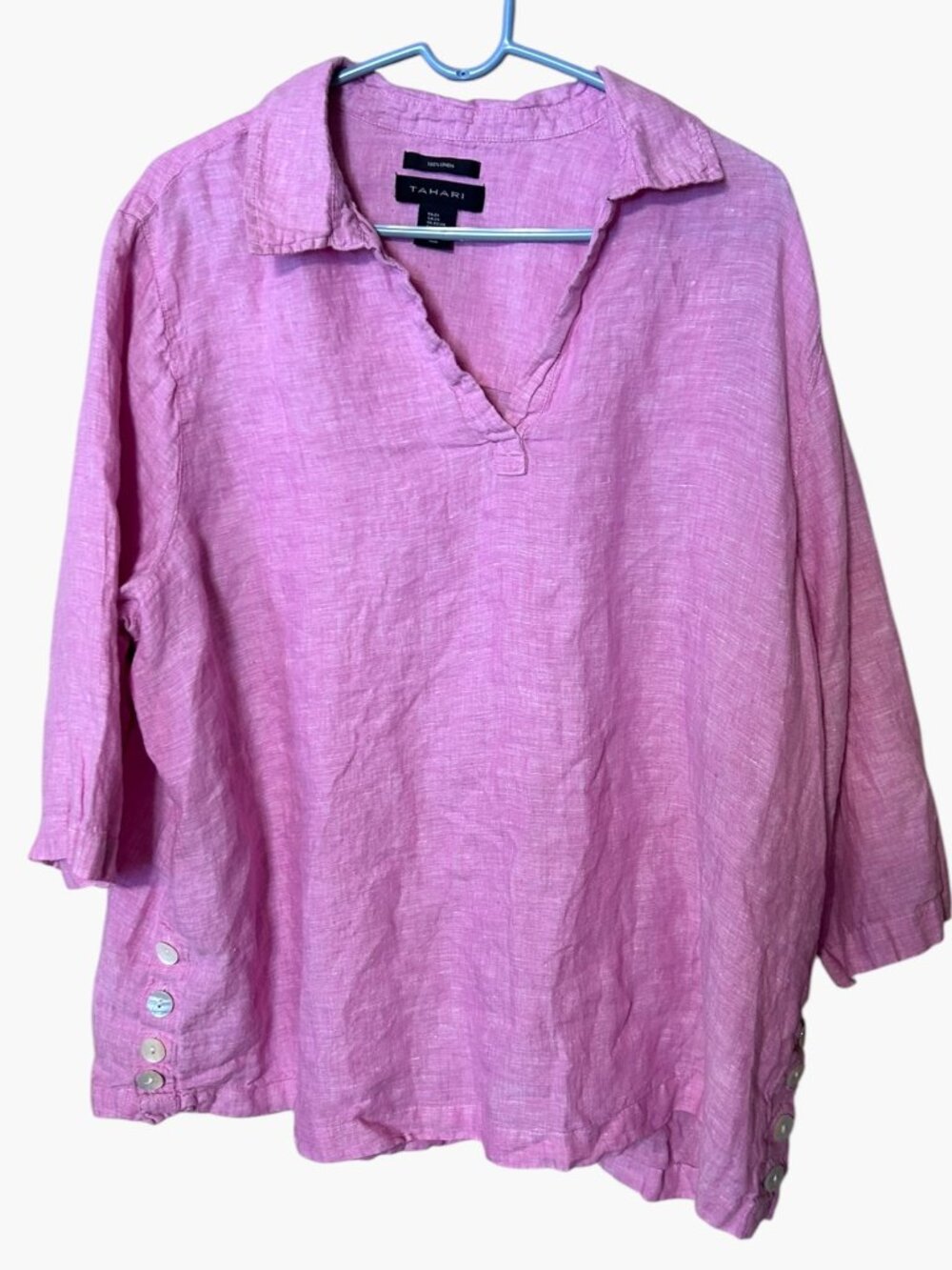 Tahari 100% Linen Pink Popover Tunic Top Plus Size 2X Button Side Vents